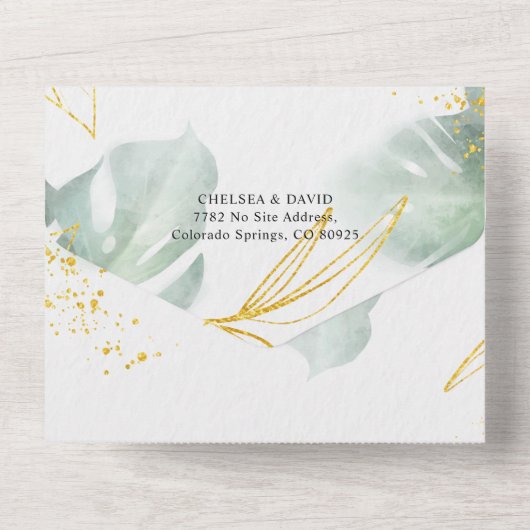 ユニークなセージグリーンとゴールドのトロピカルリーフ ウェディング オールインワン招待状 (裏面)