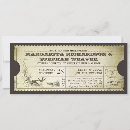 ユニークなデザインのヴィンテージのチケットの結婚式招待状 招待状 (正面)
