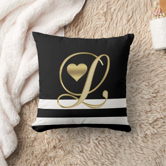 ユニークなハートのモノグラムの金ゴールドのイニシャル黒か白 クッション (ブランケット)