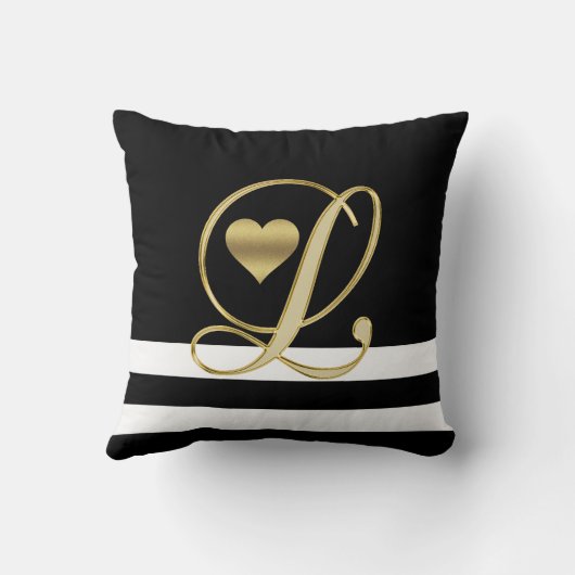 ユニークなハートのモノグラムの金ゴールドのイニシャル黒か白 クッション (裏面)