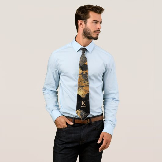 ユニークなパーソナライズされたブラックゴールドのモノグラム名前 ネクタイ (インサイチュ)