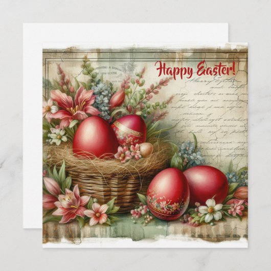 ユニークなビンテージのイースターエッグと春の花のカード シーズンカード (正面/裏面)