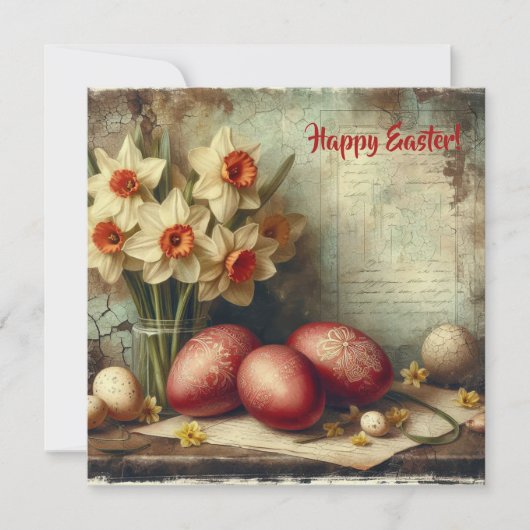 ユニークなビンテージのイースターエッグと黄色の水仙 シーズンカード (正面)