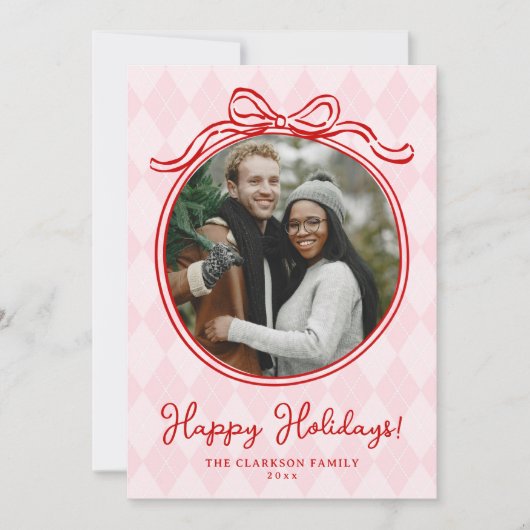 ユニークなピンクと赤のホリデーシーズンにぴったりなリボン シーズンカード (正面)