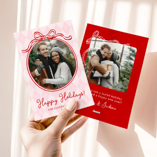 ユニークなピンクと赤の幻想的なリボン ハッピーホリデー シーズンカード