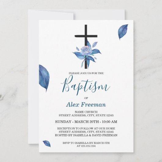 ユニークなブルーの手書き水彩ローズフラワーベビー洗礼 招待状 (正面)