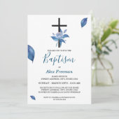 ユニークなブルーの手書き水彩ローズフラワーベビー洗礼 招待状 (スタンド正面)