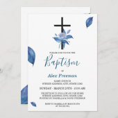 ユニークなブルーの手書き水彩ローズフラワーベビー洗礼 招待状 (正面/裏面)