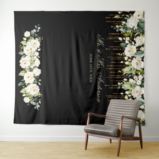 ユニークなホワイト フラワー ブラック ウェディング フォトブース タペストリー (インサイチュ(横))