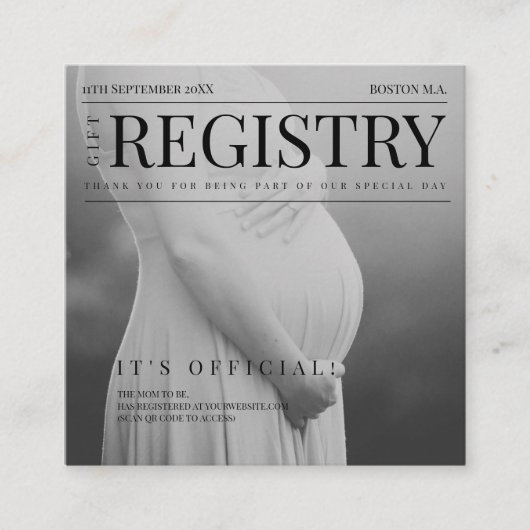 ユニークなマガジン写真 ベビーシャワー ギフト レジストリー エンクロージャーカード (正面)
