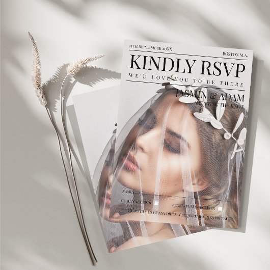ユニークなマガジン スタイルの編集写真 ウェディング RSVP エンクロージャーカード
