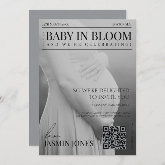 ユニークなマガジン スタイルの編集写真 ベビー シャワー 招待状 (正面/裏面)