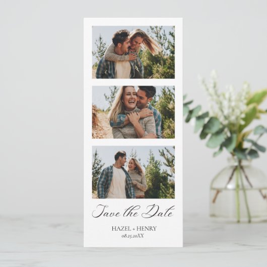 ユニークなミニマリストフォトブースストリップ セーブザデート (スタンド正面)