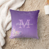 ユニークなモノグラムの紫色の蝶水彩画の女の子 クッション (ブランケット)