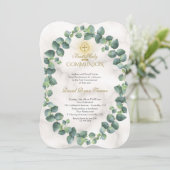 ユニークなユーカリのリース ゴールドクロス 初めての聖体拝領 招待状 (スタンド正面)