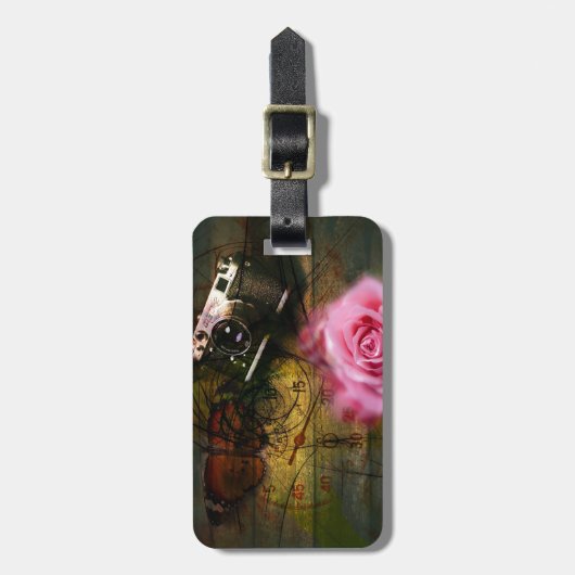 ユニークなヴィンテージのカメラ、時計および花 ラゲッジタグ (正面縦)