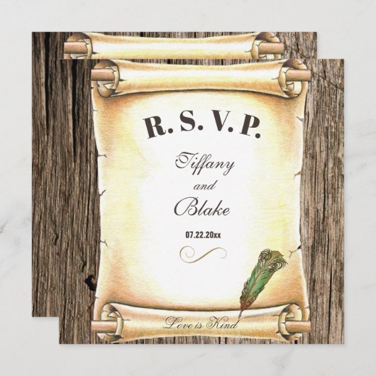 ユニークな巻物&羽根ペン 結婚式出欠確認カード 招待状 (正面/裏面)