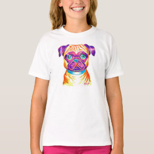 ユニークな手描きのパグの芸術の女の子の白いTシャツ Tシャツ