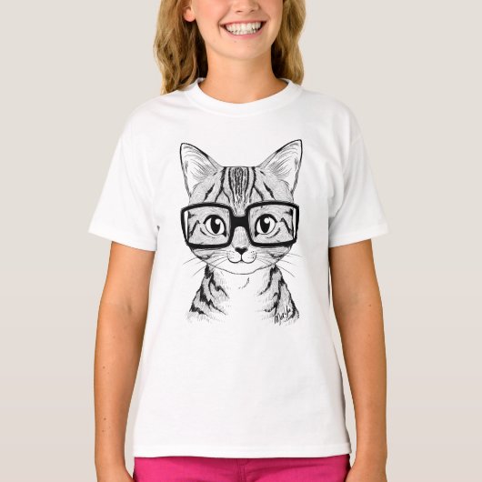 ユニークな手描きの真面目な猫の女の子の白いTシャツ Tシャツ (正面)