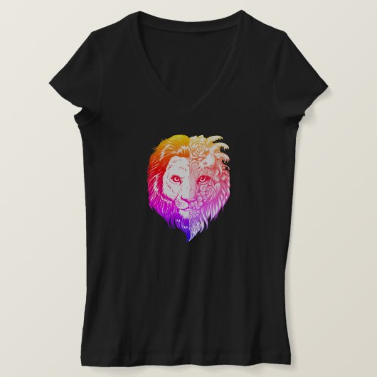 ユニークな手描きの神秘的なライオンの芸術の女性のV首 Tシャツ (デザイン正面)