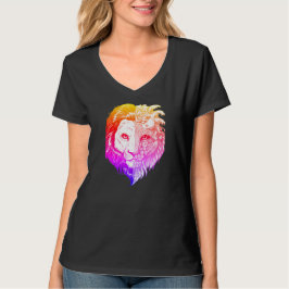 ユニークな手描きの神秘的なライオンの芸術の女性のV首 Tシャツ