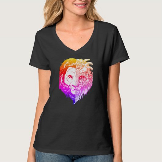 ユニークな手描きの神秘的なライオンの芸術の女性のV首 Tシャツ (正面)
