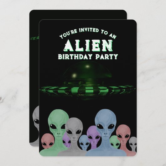 ユニークな手描きエイリアンの子供の10歳の誕生日パーティー 招待状 (正面/裏面)
