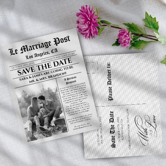 ユニークな新聞の結婚式お知らせポストカード 案内ポストカード