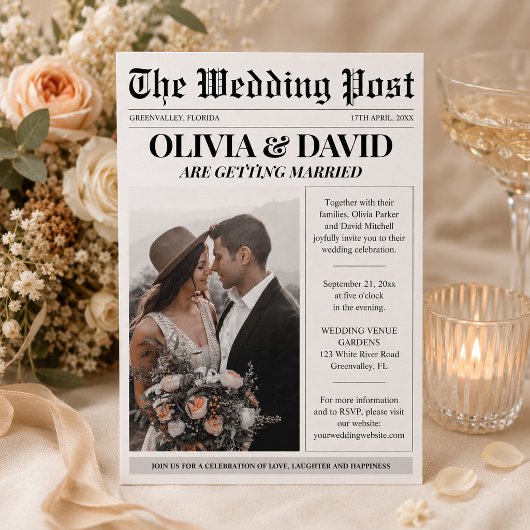 ユニークな新聞写真の結婚式 招待状