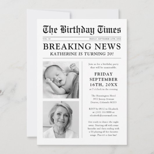 ユニークな新聞写真の誕生日パーティー 招待状 (正面)