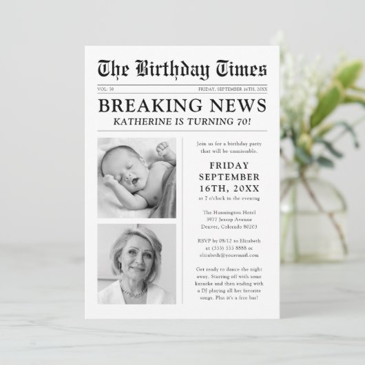 ユニークな新聞写真の誕生日パーティー 招待状 (スタンド正面)