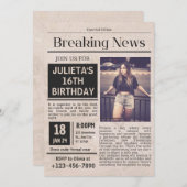 ユニークな新聞風の誕生日 招待状 (正面/裏面)