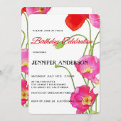 ユニークな水彩画のケシの花の誕生会 招待状 (正面/裏面)