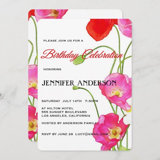 ユニークな水彩画のケシの花の誕生会 招待状 (正面/裏面)