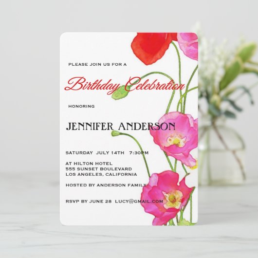 ユニークな水彩画のケシの花の誕生会 招待状 (スタンド正面)