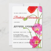 ユニークな水彩画のケシの花の誕生会 招待状 (正面)