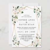 ユニークな水彩画の白いマグノリア ゴールドのウェディング 招待状 (正面)