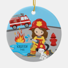 ユニークな消防士のブラウンの毛の女の子のクリスマス セラミックオーナメント