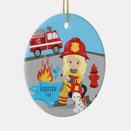 ユニークな消防士のブロンドの女の子のクリスマス セラミックオーナメント (右)