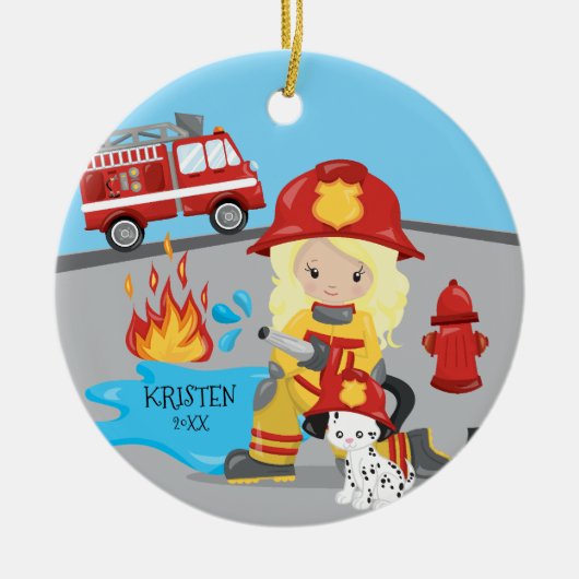ユニークな消防士のブロンドの女の子のクリスマス セラミックオーナメント (正面)