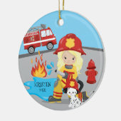 ユニークな消防士のブロンドの女の子のクリスマス セラミックオーナメント (左)