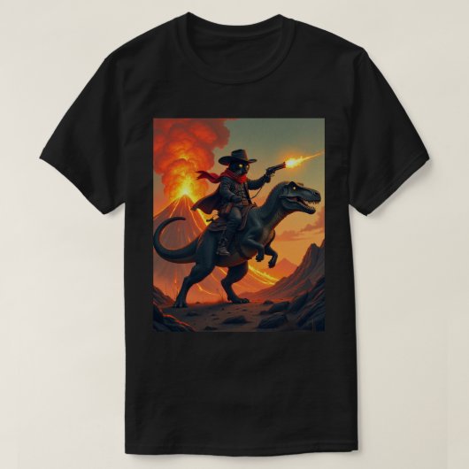 ユニークな猫カウボーイの恐竜乗り物 | 猫カウボーイ Tシャツ (デザイン正面)