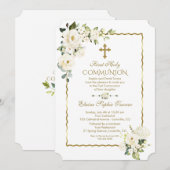 ユニークな白い花のゴールドファーストホーリーコミュニオン 招待状 (正面/裏面)