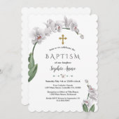 ユニークな白い蘭の花 ゴールドの女の子 洗礼 招待状 (正面/裏面)