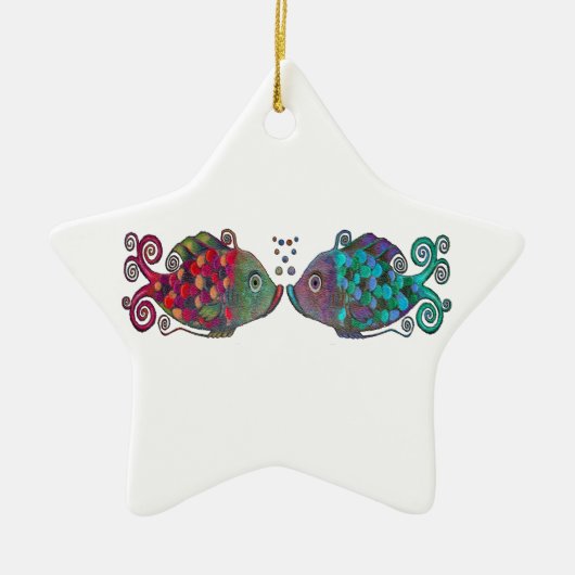 ユニークな2つの虹のお洒落な魚の組のカップル非常に セラミックオーナメント (正面)