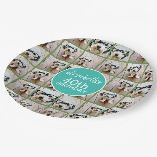 ユニークな6枚の写真コラージュ - ハッピーバースデーブルーグリーン ペーパープレート (アングル)