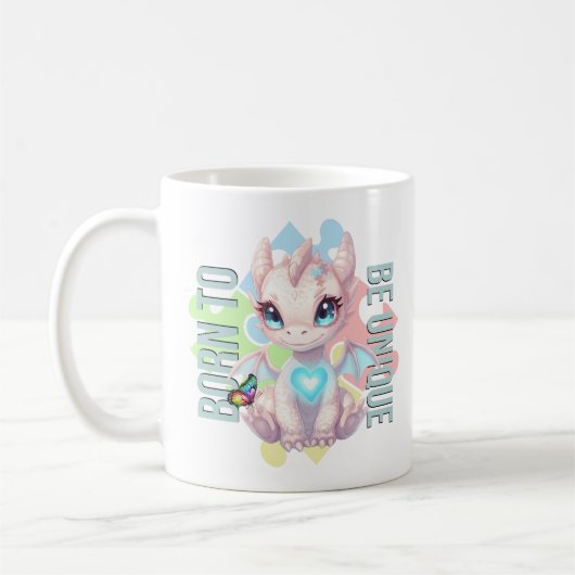 ユニークに生まれて ドラゴンデザイン – 自閉症啓発 コーヒーマグカップ (左)