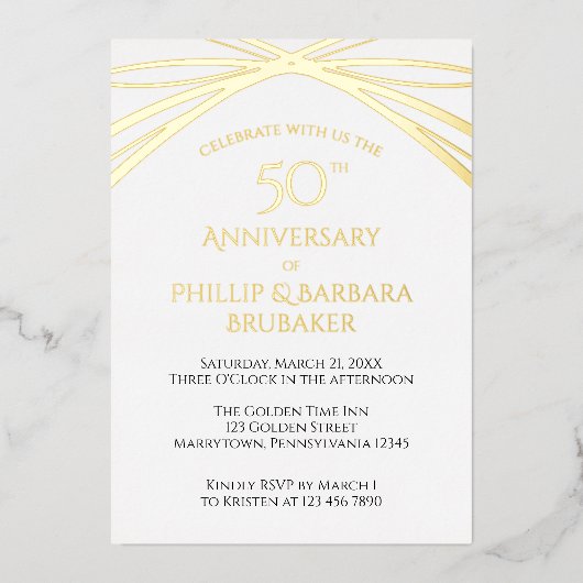 ユニークアーチゴールデン50結婚周年記念パーティー 箔招待状 (正面)