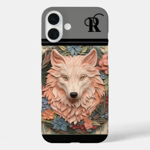 ユニークオオカミと花モノグラム iPhone 16 PLUSケース