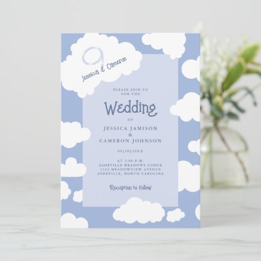 ユニークカジュアルおもしろいクラウド9キュートモダン結婚ズ 招待状 (スタンド正面)
